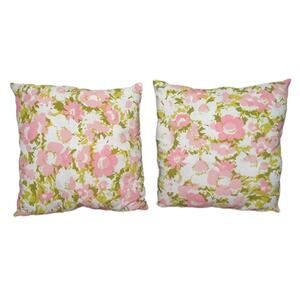 70's Vintage Pink & Green Floral Throw Pillows Set of 2 Flowers White Avocado